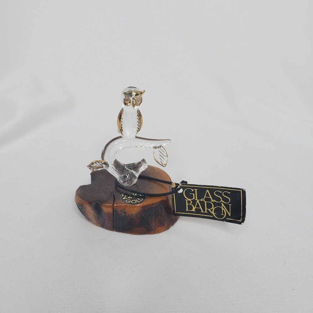 Glass Baron Owl Figurine on Wooden Stand